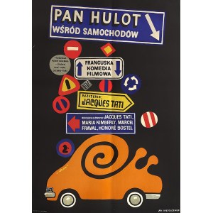 Il signor Hulot tra le auto, 1973, disegno di Jan MŁODOŻENIEC (1929-2000)