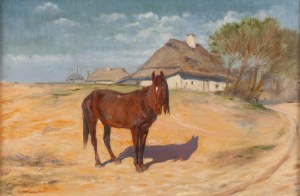 Józef Ryszkiewicz (1856 Warszawa - 1925 Warszawa), Koń na tle wsi, 1914