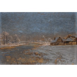 Michał Gorstkin Wywiórski (1861 Warszawa - 1926 Warszawa), Pejzaż zimowy z chatami (Zima)