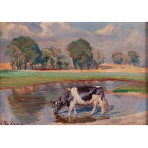 Kazimierz Lasocki (1871 Gąbin - 1952 Warsaw), Cow at the watering hole, pre/ or 1931