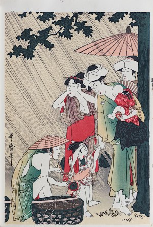 Kitagawa Utamaro (1753-1806), Schronienie przed deszczem pod wielkim drzewem, wyd. Kyoeido, Kioto/Japonia, lata 1960-1970