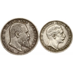 Germany Prussia 3 Mark 1909 A & Württemberg 5 Mark 1899 F Lot of 2 coins