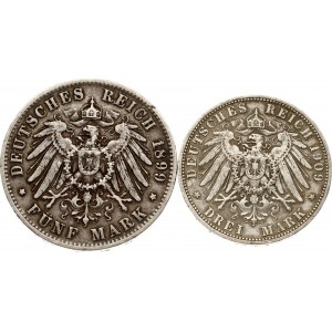 Germany Prussia 3 Mark 1909 A & Württemberg 5 Mark 1899 F Lot of 2 coins