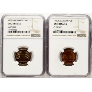 Germany 10 Reichspfennig 1932 A & 2 Pfennig 1967 G NGC UNC DETAILS Lot of 2 coins