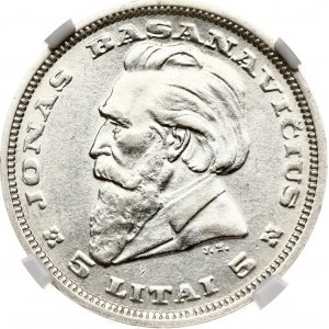 Lithuania 5 Litai 1936 Basanavicius NGC AU 53