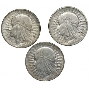 II RP, 10 złotych (1932-1933) - Głowa Kobiety zestaw 3 sztuk