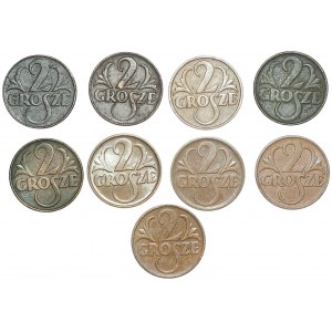 II RP, 2 grosze (1923-1938), zestaw 9 sztuk monet