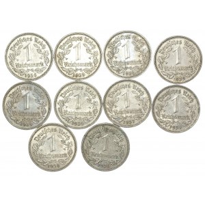 Niemcy, 1 Marka (1943-1939), zestaw 10 sztuk monet