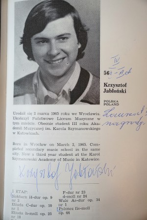 XI MIĘDZYNARODOWY KONKURS PIANISTYCZNY IMIENIA FRYDERYKA CHOPINA [autograf Krzysztofa Jabłońskiego, 1985 r.]