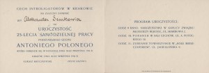 SEMKOWICZ Aleksander, Guild of Bookbinders in Cracow] Invitation for Aleksander Semkowicz to the celebration of the 25th anniversary of the independent work of the sub-chief of the guild, Antoni Polony. Date. Kraków 30 September 1934.