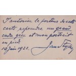 [STYKA Jan] Bilet wizytowy artysty z odręczną notatką i autografem. 10 VI 1922