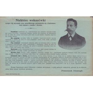 Pierwsza Krajowa Fabryka Instrumentów Muzycznych F. Niewczyk, Lwów. Druk ulotny informujący o sposobie użytkowania instrumentów.