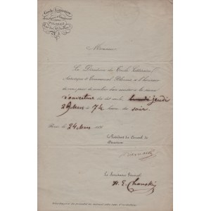 Koło Literackie, Artystyczne i Handlowe Polskie w Paryżu] Zaproszenie na otwierającą sesję Koła, która odbędzie się 26 marca [1838]. Pismo dat. Paryż, 24 marca 1838. [adresowane jako list do Bogdana Jańskiego, podpisy m.in. Alojzego Biernackiego]