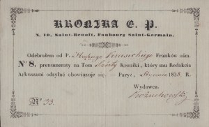 Chronicle of Polish Emigration] Receipt of Receipt from Count Krasicki for Subscription No. 8. for Volume Six of the Chronicle. [Paris 1838]