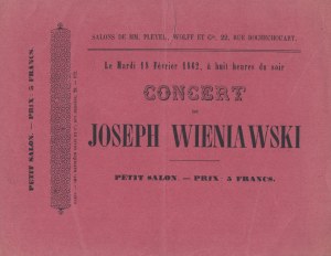 WIENIAWSKI Józef] Ticket for a concert by Józef Wieniawski, scheduled for Tuesday, February 18, 1862, eight o'clock in the evening. Sallons de MM. Pleyel. Petit Salon. [Paris 1862]