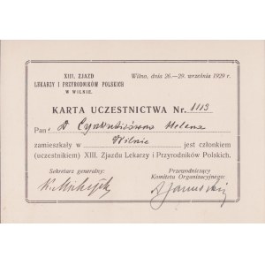 XIII. Congress of Polish Physicians and Naturalists in Vilnius. Participation card no. 1113 for Helena Cynkubiszówna. Vilnius, September 26-29, 1929.