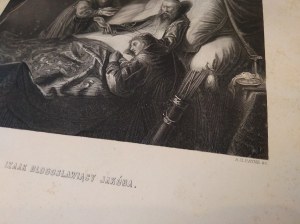 Isaac blessing Jacob copperplate engraving by Jan Livensz / A.H. Payne 1880.