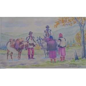 Huculi z końmi Tatarów Karol Kossak 1937 r.
