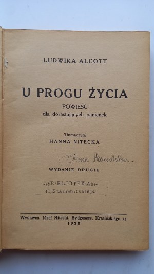 At the threshold of life a novel for adolescent ladies Louis Alcott 1928 /m.