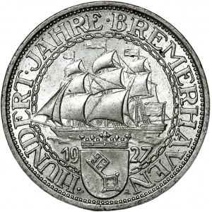 Niemcy, Republika Weimarska, 3 marki 1927 A, 100-lecie portu w Bremie, Berlin