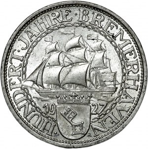 Germany, Weimar Republic, 3 Marks 1927 A, 100th Anniversary of the Port of Bremen, Berlin