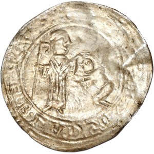 Bolesław III Krzywousty (1107-1138), brakteat pokutniczy, Av.: Św. Wojciech błogosławi klęczącego księcia