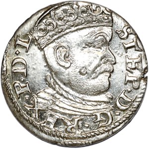 Stefan Batory, trojak 1585, Ryga, duża głowa, krzyżyki - EN
