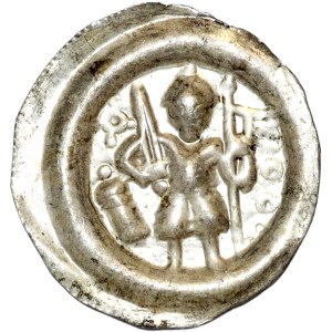 Leszek Biały, (1202-1227) brakteat krakowski, książę w zbroi z mieczem i proporcem