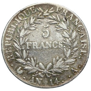 Francja, Napoleon Bonaparte, 5 franków (AN 14) 1805 A, Paryż