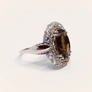 Ring with Smoky Quartz and White Topazes, 925 Silver