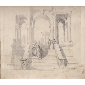 Architectural view with figures, 19th century Emilian artist