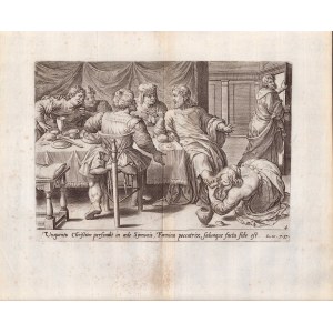 Jan Collaert (1560 - 1618), Magdalene washing the feet of Christ in the House of Simon, after Maarten de Vos.