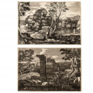 Sébastien Bourdon (1616 - 1671), Landscape with the Good Samaritan | Landscape with shepherd, sheep and dog