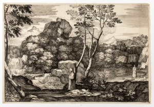 Sébastien Bourdon (1616 - 1671), Landscape with the Good Samaritan | Landscape with shepherd, sheep and dog