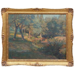 Stefan JUST (1905 - 1977), Pejzaż z mostkiem i strumieniem