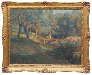 Stefan JUST (1905 - 1977), Pejzaż z mostkiem i strumieniem
