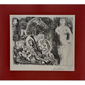 Pablo Picasso (1881-1973), Char romain avec roue qui tombe, femme nue et voyeurs, Rzymski rydwan z opadającym kołem, nagą kobietą i podglądaczami