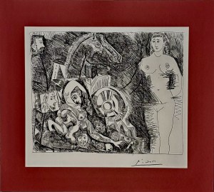 Pablo Picasso (1881-1973), Char romain avec roue qui tombe, femme nue et voyeurs, Rzymski rydwan z opadającym kołem, nagą kobietą i podglądaczami