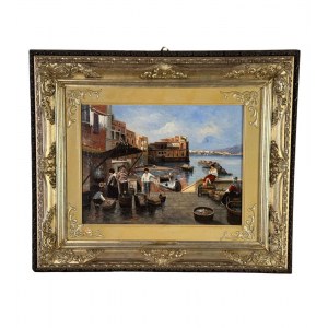 SCUOLA NAPOLETANA, View of the Neapolitan coast in Posillipo with fishermen