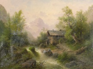 Albert RIEGER (1834-1905), Pejzaż górski z młynem, 1877