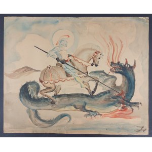 Aquarelle, chevalier avec un coup de pied tuant un dragon