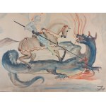 Aquarelle, chevalier avec un coup de pied tuant un dragon
