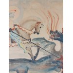 Aquarelle, chevalier avec un coup de pied tuant un dragon