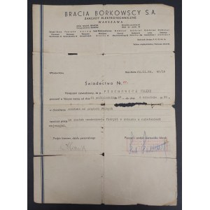 Certifikát, Borkowski Brothers S.A., Varšava, 1939.