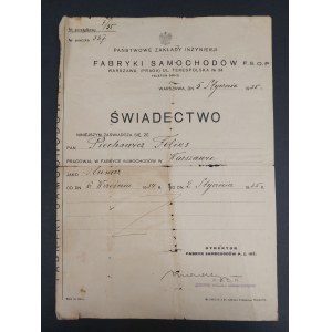 Świadectwo, Państwowe Zakłady Inżynierji Fabryki Samochodów F.S.O.P, Warszawa, 1935 r.