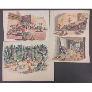Królewna Śnieżka - zestaw 3 projektów ilustracji -z 1943 r. - akwarela