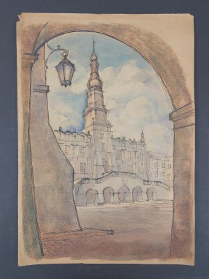 Watercolor with a view of architecture