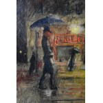 Noční procházka v dešti, Lvov?, polský malíř, (Emil Schinagel?), 30. léta 20. století.