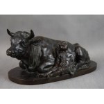 Okimono Garçon dormant à côté d'un buffle, bronze, JAPON, Meiji, Signé.