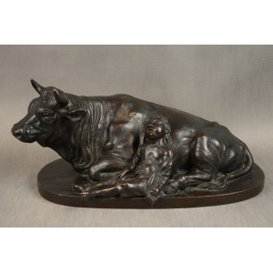 Okimono Garçon dormant à côté d'un buffle, bronze, JAPON, Meiji, Signé.